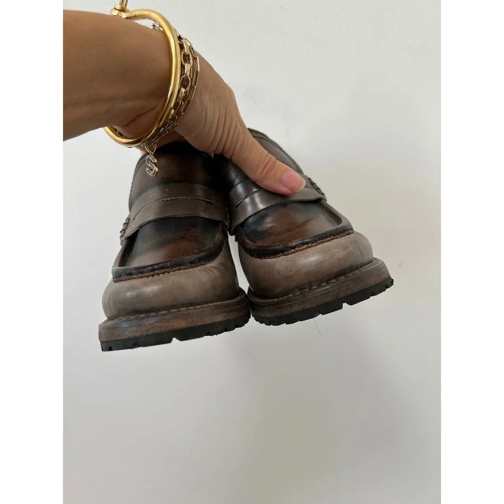 Freebird by Steven Bristol Penny Loafer Block Heels Women 7 Grey Brown Leather